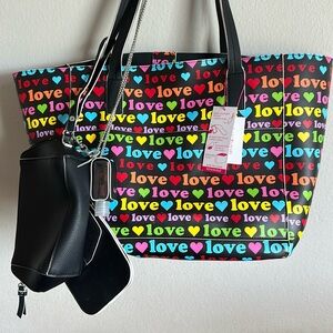 Isaac Mizrahi Love colorful tote in black.